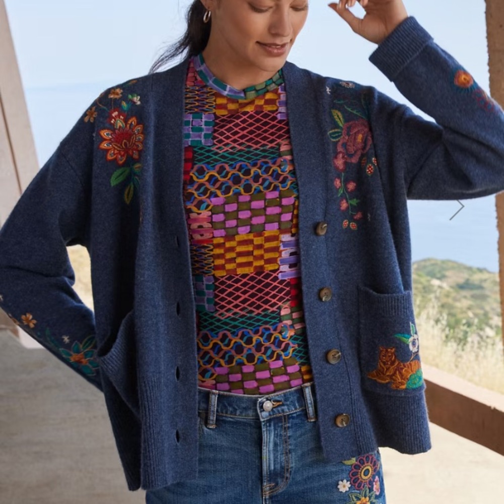Johnny Was Navy Embroidered Floral Cardigan with Multicolor Accents